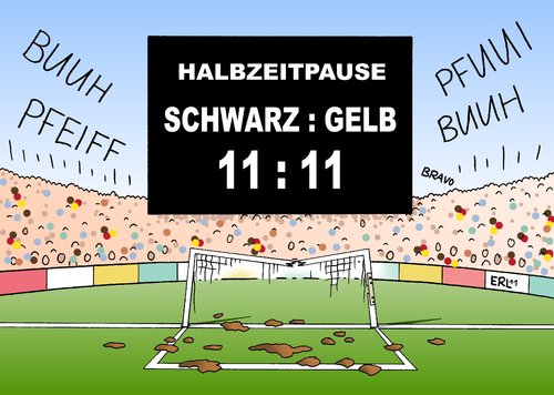 Cartoon: Halbzeitpause (medium) by Erl tagged regierung,merkel,angela,bundeskanzlerin,schwarz,gelb,koalition,cdu,csu,fdp,halbzeit,bilanz,verheerend,kritik,urteil,umfragewerte,schlecht,tief,umfragetief,fußball,tor,eigentor,regierung,merkel,angela,bundeskanzlerin,schwarz,koalition,csu,halbzeit,bilanz,cdu,verheerend