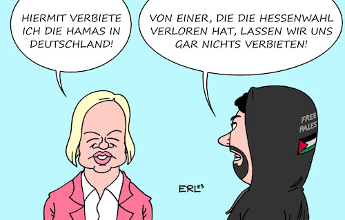 Cartoon: Hamas-Verbot (medium) by Erl tagged politik,innenministerin,nancy,faeser,verbot,hamas,deutschland,reaktion,terror,angriff,überfall,israel,demonstrationen,schuldumkehr,täter,opfer,spd,politikerin,image,schaden,hessen,wahl,landtagswahl,niederlage,karikatur,erl,politik,innenministerin,nancy,faeser,verbot,hamas,deutschland,reaktion,terror,angriff,überfall,israel,demonstrationen,schuldumkehr,täter,opfer,spd,politikerin,image,schaden,hessen,wahl,landtagswahl,niederlage,karikatur,erl