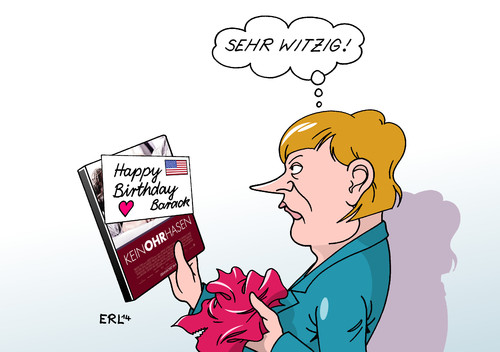 Cartoon: Happy Birthday (medium) by Erl tagged geburtstag,bundeskanzlerin,angela,merkel,gratulation,geschenk,usa,präsident,barack,obama,geheimdienst,nsa,cia,abhöraffäre,spionage,protokoll,telefon,smartphone,dvd,film,keinohrhasen,til,schweiger,geburtstag,bundeskanzlerin,angela,merkel,gratulation,geschenk,usa,präsident,barack,obama,geheimdienst,nsa,cia,abhöraffäre,spionage,protokoll,telefon,smartphone,dvd,film,keinohrhasen,til,schweiger