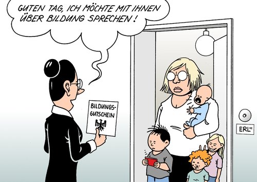 Cartoon: Hausbesuch (medium) by Erl tagged hartz,iv,kinder,kind,bildungspaket,gutschein,bildung,angebot,nachfrage,gering,hausbesuch,arbeitsministerin,ursula,von,der,leyen,cdu,csu,fdp,regierung,schwarz,gelb,hartz,kinder,bildungspaket,gutschein,bildung,nachfrage,gering,hausbesuch,arbeitsministerin,familie