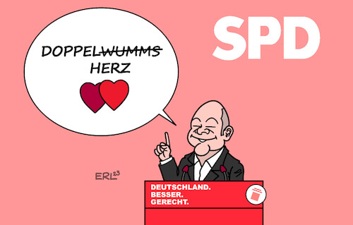 Cartoon: Herztöne (medium) by Erl tagged politik,partei,spd,parteitag,bundesregierung,ampel,umfragetief,umfragekeller,bundeskanzler,olaf,scholz,unbeliebt,krisen,kommunikation,mangelhaft,rede,soziales,markenkern,sozialdemokratie,richtiger,ton,herz,doppelwumms,doppelherz,herzen,redner,rednerpult,karikatur,erl,politik,partei,spd,parteitag,bundesregierung,ampel,umfragetief,umfragekeller,bundeskanzler,olaf,scholz,unbeliebt,krisen,kommunikation,mangelhaft,rede,soziales,markenkern,sozialdemokratie,richtiger,ton,herz,doppelwumms,doppelherz,herzen,redner,rednerpult,karikatur,erl