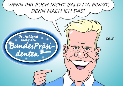 Cartoon: Hilfe noch ein Populist! (medium) by Erl tagged nachfolger,ende,amtszeit,gauck,bundespräsident,kandidat,suche,große,koalition,cdu,csu,spd,streit,steinmeier,lammert,kretschmann,die,grünen,show,deutschland,sucht,den,superstar,dieter,bohlen,populismus,karikatur,erl,bundespräsident