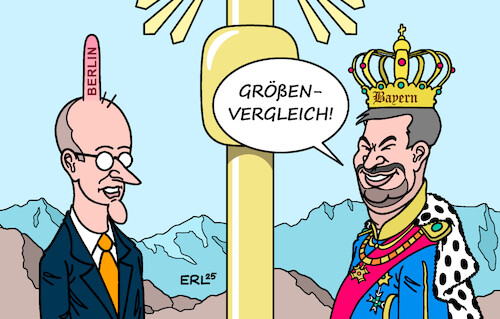 Cartoon: Höchster Punkt Deutschlands (medium) by Erl tagged politik,treffen,merz,söder,zugspitze,vergleich,bund,berlin,land,bayern,kanzler,könig,karikatur,erl,politik,treffen,merz,söder,zugspitze,vergleich,bund,berlin,land,bayern,kanzler,könig,karikatur,erl
