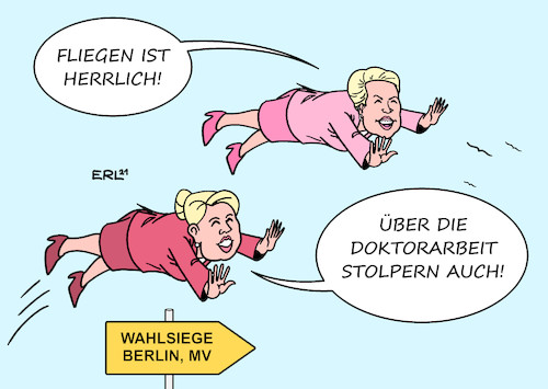 Cartoon: Höhenflüge Schwesig Giffey (medium) by Erl tagged politik,wahl,wahlen,landtagswahl,mecklenburg,vorpommern,mv,abgeordnetenhaus,berlin,wahlsieg,spd,manuela,schwesig,ministerpräsidentin,franziska,giffey,regierende,bürgermeisterin,plagiat,doktorarbeit,rücktritt,familienministerin,stolpern,fliegen,höhenflug,karikatur,erl,politik,wahl,wahlen,landtagswahl,mecklenburg,vorpommern,mv,abgeordnetenhaus,berlin,wahlsieg,spd,manuela,schwesig,ministerpräsidentin,franziska,giffey,regierende,bürgermeisterin,plagiat,doktorarbeit,rücktritt,familienministerin,stolpern,fliegen,höhenflug,karikatur,erl