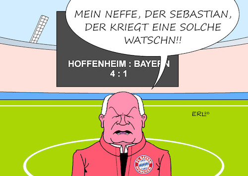 Cartoon: Hoeneß (medium) by Erl tagged politik,sport,fußball,bundesliga,bayern,münchen,triple,quadrupel,trainer,hansi,flick,niederlage,hoffenheim,1899,sebastian,hoeneß,karikatur,erl,politik,sport,fußball,bundesliga,bayern,münchen,triple,quadrupel,trainer,hansi,flick,niederlage,hoffenheim,1899,sebastian,hoeneß,karikatur,erl