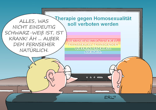 Cartoon: Homophobie (medium) by Erl tagged politik,gesellschaft,homosexualität,verfolgung,paragraf,175,abschaffung,25,jahre,gesundheitsminister,jens,spahn,gesetz,verbot,konversionstherapie,therapie,heilung,ziel,hetrosexualität,homophobie,schwarz,weiß,denken,bunt,regenbogen,lesbisch,schwul,bisexuell,transsexuell,transgender,queer,intersexuell,asexuell,divers,karikatur,erl,politik,gesellschaft,homosexualität,verfolgung,paragraf,175,abschaffung,25,jahre,gesundheitsminister,jens,spahn,gesetz,verbot,konversionstherapie,therapie,heilung,ziel,hetrosexualität,homophobie,schwarz,weiß,denken,bunt,regenbogen,lesbisch,schwul,bisexuell,transsexuell,transgender,queer,intersexuell,asexuell,divers,karikatur,erl