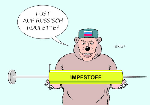 Cartoon: Impfstoff (medium) by Erl tagged politik,corona,virus,pandemie,wettlauf,impfstoff,suche,zulassung,erster,russland,testphase,kurz,versuchspersonen,wenig,risiko,russisch,roulette,putin,bär,spritze,macht,eu,europa,usa,china,karikatur,erl,politik,corona,virus,pandemie,wettlauf,impfstoff,suche,zulassung,erster,russland,testphase,kurz,versuchspersonen,wenig,risiko,russisch,roulette,putin,bär,spritze,macht,eu,europa,usa,china,karikatur,erl