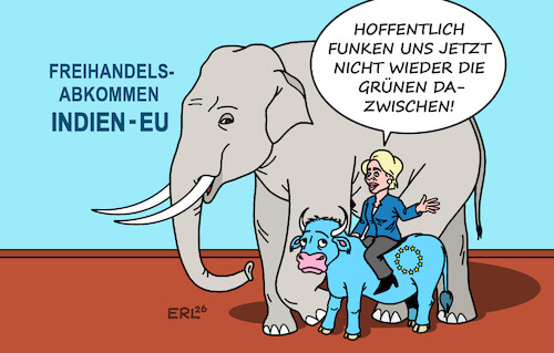 Cartoon: Indien-EU (medium) by Erl tagged politik,eu,indien,freihandelsabkommen,parlament,zustimmung,grüne,europa,stier,von,der,leyen,elefant,karikatur,erl,politik,eu,indien,freihandelsabkommen,parlament,zustimmung,grüne,europa,stier,von,der,leyen,elefant,karikatur,erl