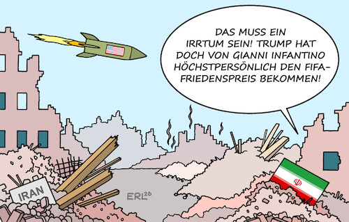 Cartoon: Irrtum (medium) by Erl tagged politik,sport,fußball,wm,2026,usa,trump,friedenspreis,fifa,infantino,angriff,iran,irankrieg,irrtum,karikatur,erl,politik,sport,fußball,wm,2026,usa,trump,friedenspreis,fifa,infantino,angriff,iran,irankrieg,irrtum,karikatur,erl