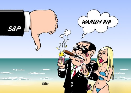 Cartoon: Italien (medium) by Erl tagged italien,schulden,krise,euro,kredit,kreditwürdigkeit,rating,agentur,ratingagentur,standard,and,poors,daumen,runter,berlusconi,casanova,misswirtschaft,korruption,ministerpräsident,schulden,krise,kredit,kreditwürdigkeit,rating agentur,ratingagentur,standard,rating,agentur