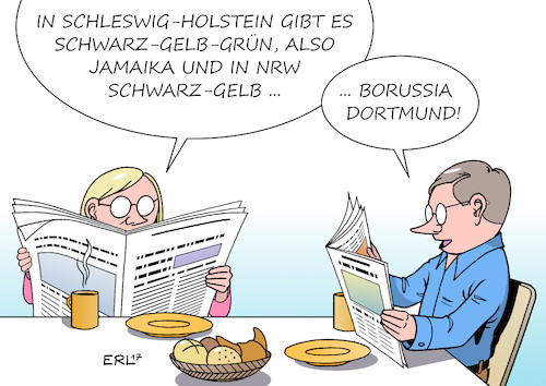 Cartoon: Jamaika und Schwarz-Gelb (medium) by Erl tagged landtagswahl,schleswig,holstein,regierung,regierungsbildung,koalition,cdu,fdp,bündnis,90,die,grünen,grün,jamaika,nordrhein,westfalen,nrw,schwarz,gelb,borussia,dortmund,bvb,fußball,fan,karikatur,erl,landtagswahl,schleswig,holstein,regierung,regierungsbildung,koalition,cdu,fdp,bündnis,90,die,grünen,grün,jamaika,nordrhein,westfalen,nrw,schwarz,gelb,borussia,dortmund,bvb,fußball,fan,karikatur,erl