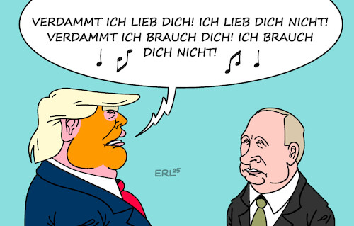 Cartoon: Jetzt wieder Sanktionen (medium) by Erl tagged politik,usa,trump,annäherung,russland,putin,drohung,sanktionen,frieden,ukraine,lied,matthias,reim,karikatur,erl,politik,usa,trump,annäherung,russland,putin,drohung,sanktionen,frieden,ukraine,lied,matthias,reim,karikatur,erl