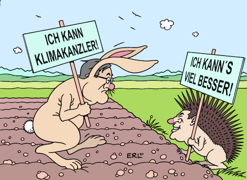 Cartoon: K-Frage (medium) by Erl tagged politik,klima,klimaschutz,klimapolitik,nachholbedarf,cdu,csu,kanzlerkandidat,armin,laschet,markus,söder,konkurrenz,sticheleien,liebling,umfragen,basis,märchen,hase,igel,wettrennen,wettlauf,karikatur,erl,politik,klima,klimaschutz,klimapolitik,nachholbedarf,cdu,csu,kanzlerkandidat,armin,laschet,markus,söder,konkurrenz,sticheleien,liebling,umfragen,basis,märchen,hase,igel,wettrennen,wettlauf,karikatur,erl