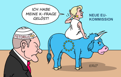 Cartoon: K-Fragen (medium) by Erl tagged politik,eu,kommission,von,der,leyen,frage,spd,scholz,pistorius,europa,stier,karikatur,erl,politik,eu,kommission,von,der,leyen,frage,spd,scholz,pistorius,europa,stier,karikatur,erl