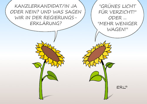 Cartoon: KanzlerkandidatIn (medium) by Erl tagged politik,partei,die,grünen,grüne,umfragewerte,umfragehoch,frage,kanzlerkandidatin,kanzlerkandidat,regierung,regierungserklärung,inhalte,umweltschutz,ökologie,ökonomie,klimawandel,klimapolitik,verzicht,weniger,konsum,flugreisen,fossile,energien,massentierhaltung,fleischkonsum,fleisch,sonnenblume,willy,brandt,spd,mehr,demokratie,wagen,karikatur,erl,politik,partei,die,grünen,grüne,umfragewerte,umfragehoch,frage,kanzlerkandidatin,kanzlerkandidat,regierung,regierungserklärung,inhalte,umweltschutz,ökologie,ökonomie,klimawandel,klimapolitik,verzicht,weniger,konsum,flugreisen,fossile,energien,massentierhaltung,fleischkonsum,fleisch,sonnenblume,willy,brandt,spd,mehr,demokratie,wagen,karikatur,erl