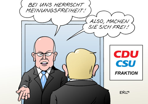 Cartoon: Kauder (medium) by Erl tagged volker,kauder,fraktionsvorsitzender,cdu,csu,fraktion,bundestag,bundestagsfraktion,abstimmung,griechenland,abweichler,drohung,ausschuss,gremium,abzug,meinung,gewissen,meinungsfreiheit,gewissensfreiheit,abgeordneter,karikatur,erl,volker,kauder,fraktionsvorsitzender,cdu,csu,fraktion,bundestag,bundestagsfraktion,abstimmung,griechenland,abweichler,drohung,ausschuss,gremium,abzug,meinung,gewissen,meinungsfreiheit,gewissensfreiheit,abgeordneter