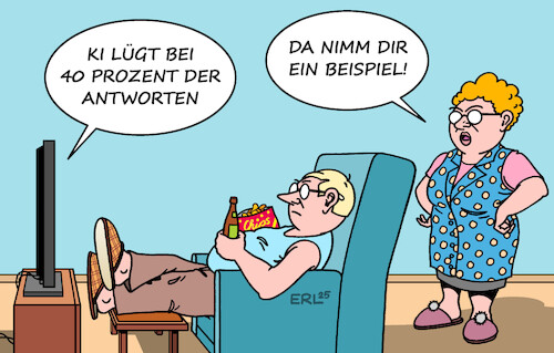 Cartoon: KI lügt (medium) by Erl tagged politik,ai,ki,künstliche,intelligenz,studie,antworten,fehlerhaft,lüge,ehepaar,mann,frau,karikatur,erl,politik,ai,ki,künstliche,intelligenz,studie,antworten,fehlerhaft,lüge,ehepaar,mann,frau,karikatur,erl