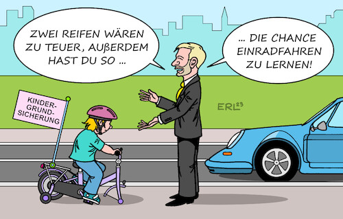 Cartoon: Kindergrundsicherung (medium) by Erl tagged politik,kindergrundsicherung,finanzierung,geld,kürzung,finanzminister,lindner,porsche,kinder,kind,fahrrad,einrad,sozialpolitik,karikatur,erl,politik,kindergrundsicherung,finanzierung,geld,kürzung,finanzminister,lindner,porsche,kinder,kind,fahrrad,einrad,sozialpolitik,karikatur,erl