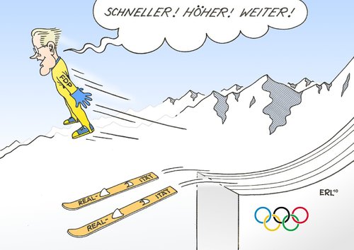 Cartoon: Klasse abgehoben! (medium) by Erl tagged westerwelle,fdp,schneller,höher,weiter,olympia,winter,skispringen,realität,abgehoben,guido westerwelle,fdp,schneller,olympia,winter,skispringen,realität,abgehoben,guido,westerwelle