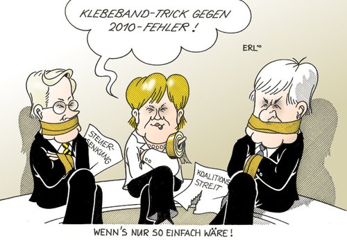 Cartoon: Klebeband-Trick (medium) by Erl tagged schwarz,gelb,koalition,streit,steuersenkung,klebeband,trick,kreditkarten,problem,2010,westerwelle,merkel,seehofer,schwarz,gelb,koalition,streit,steuersenkung,klebeband,kreditkarten,problem,2010,guido westerwelle,angela merkel,horst seehofer,guido,westerwelle,angela,merkel,horst,seehofer