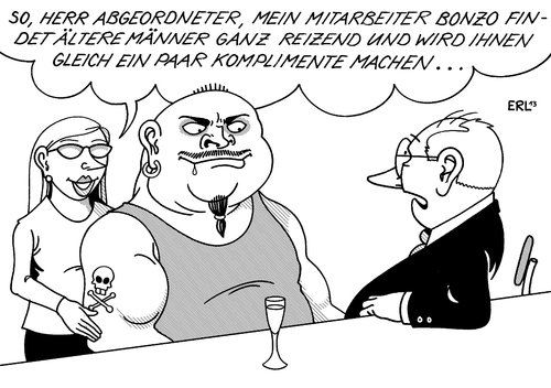 Cartoon: Komplimente (medium) by Erl tagged belästigung,sexuell,politiker,journalistin,zote,bemerkung,anzüglich,kompliment,freiwild,nötigung,mann,frau