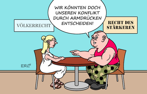 Cartoon: Konflikt (medium) by Erl tagged politik,völkerrecht,recht,des,stärkeren,konflikt,armdrücken,usa,trump,venezuela,grönland,weltordnung,karikatur,erl,politik,völkerrecht,recht,des,stärkeren,konflikt,armdrücken,usa,trump,venezuela,grönland,weltordnung,karikatur,erl