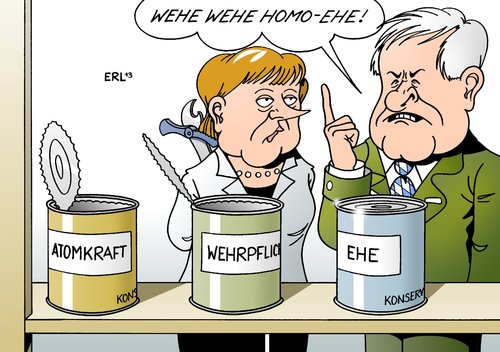 Cartoon: Konservative Konserven (medium) by Erl tagged cdu,csu,konservativ,position,abkehr,atomkraft,wehrpflicht,ehe,homoehe,gleichgeschlechtlich,merkel,seehofer,konserve,konservendose,konservenbüchse,dosenöffner,büchsenöffner,cdu,csu,konservativ,position,abkehr,atomkraft,wehrpflicht,ehe,homoehe,gleichgeschlechtlich,merkel,seehofer,konserve,konservendose,konservenbüchse,dosenöffner,büchsenöffner