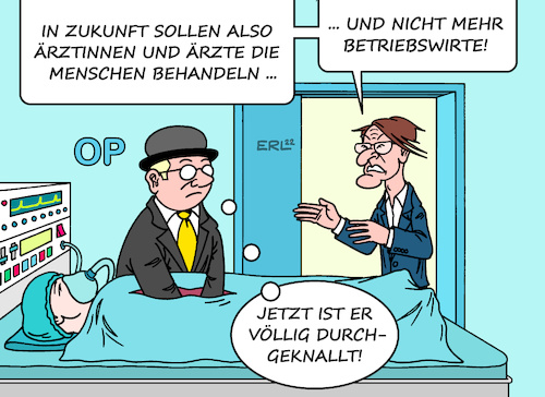 Cartoon: Krankenhausreform (medium) by Erl tagged politik,gesundheit,gesundheitsminister,karl,lauterbach,spd,pläne,krankenhausreform,krankenhaus,klinik,wirtschaft,effizienz,wirtschaftlichkeit,fallpauschale,betriebswirt,medizin,ärztin,arzt,pflegerin,pfleger,versorgung,patient,karikatur,erl,politik,gesundheit,gesundheitsminister,karl,lauterbach,spd,pläne,krankenhausreform,krankenhaus,klinik,wirtschaft,effizienz,wirtschaftlichkeit,fallpauschale,betriebswirt,medizin,ärztin,arzt,pflegerin,pfleger,versorgung,patient,karikatur,erl