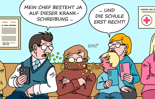 Cartoon: Krankschreibungen (medium) by Erl tagged politik,medizin,gesundheit,krankheit,arbeit,schule,krankschreibung,überfüllung,arztpraxis,ansteckung,wartezimmer,karikatur,erl,politik,medizin,gesundheit,krankheit,arbeit,schule,krankschreibung,überfüllung,arztpraxis,ansteckung,wartezimmer,karikatur,erl