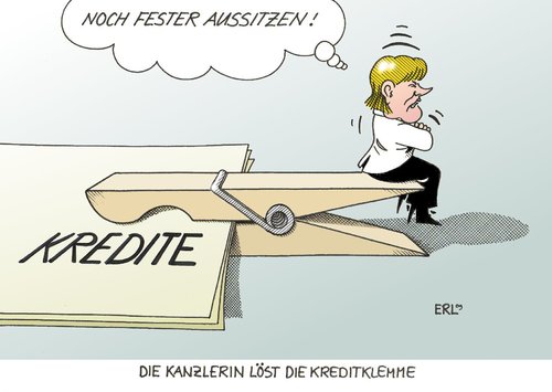 Cartoon: Kreditklemme (medium) by Erl tagged kredit,kredite,kreditklemme,bank,banken,merkel,aussitzen,kredit,kredite,kreditklemme,bank,banken,aussitzen,angela merkel,kanzlerin,angela,merkel