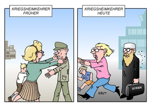 Cartoon: Kriegsheimkehrer (medium) by Erl tagged kriegsheimkehrer,früher,heute,bürgerkrieg,syrien,irak,konvertiten,islamisten,deutsche,anschläge,terror,gefahr,warnung,innenminister,de,maiziere,kriegsheimkehrer