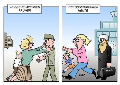 Cartoon: Kriegsheimkehrer (medium) by Erl tagged kriegsheimkehrer,früher,heute,bürgerkrieg,syrien,irak,konvertiten,islamisten,deutsche,anschläge,terror,gefahr,warnung,kriegsheimkehrer,früher,heute,bürgerkrieg,syrien,irak,konvertiten,islamisten,deutsche,anschläge,terror,gefahr,warnung