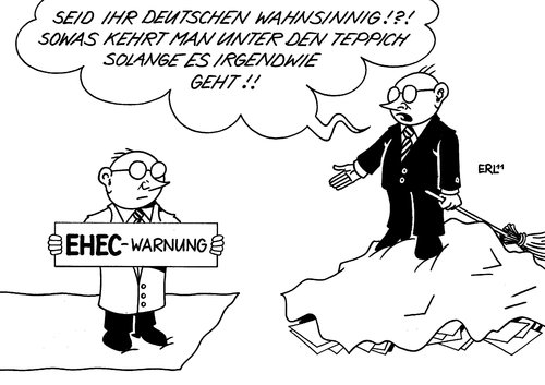 Cartoon: Kritik vom hohen Teppich herab (medium) by Erl tagged ehec,warnung,deutschland,eu,kritik,krisenmanagemant,chaos,übertreibung,german,angst,darm,krankheit,bakterium,infektion