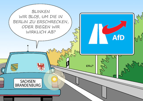 Cartoon: Landtagswahlen (medium) by Erl tagged politik,landtagswahlen,brandenburg,sachsen,spannung,abschneiden,afd,rechtspopulismus,rechtsextremismus,auto,rechts,blinken,abbiegen,autobahn,ausfahrt,karikatur,erl,politik,landtagswahlen,brandenburg,sachsen,spannung,abschneiden,afd,rechtspopulismus,rechtsextremismus,auto,rechts,blinken,abbiegen,autobahn,ausfahrt,karikatur,erl