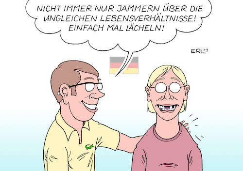 Cartoon: Lebensverhältnisse (medium) by Erl tagged politik,deutschland,lebensverhältnisse,unterschiede,regionen,versorgung,gesundheit,arbeitsplätze,internet,einkommen,staat,aufgabe,gleichwertig,ost,west,süd,nord,hamburg,starnberg,sachsen,anhalt,mecklenburg,vorpommern,zähne,lächeln,karikatur,erl,politik,deutschland,lebensverhältnisse,unterschiede,regionen,versorgung,gesundheit,arbeitsplätze,internet,einkommen,staat,aufgabe,gleichwertig,ost,west,süd,nord,hamburg,starnberg,sachsen,anhalt,mecklenburg,vorpommern,zähne,lächeln,karikatur,erl