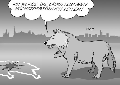 Cartoon: Leitwolf (medium) by Erl tagged mord,boris,nemzow,politiker,opposition,kritiker,putingegner,moskau,russland,ermittlungen,leitung,präsident,putin,leitwolf,wolf,schaf,lamm,tatort,blut