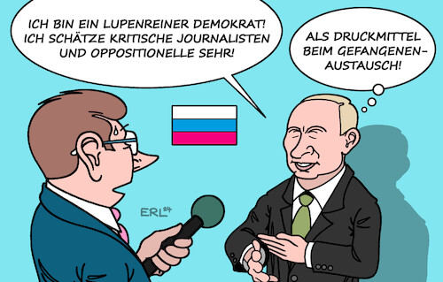 Cartoon: Lupenreiner Demokrat (medium) by Erl tagged politik,gefangenenaustausch,austausch,usa,deutschland,gefangene,russland,gefängnis,journalistinnen,journalisten,opposition,oppositionelle,dissidenten,geiseln,druckmittel,erpressung,diktator,wladimir,putin,lupenreiner,demokrat,zitat,altkanzler,gerhard,schröder,demokratie,meinungsfreiheit,pressefreiheit,karikatur,erl,politik,gefangenenaustausch,austausch,usa,deutschland,gefangene,russland,gefängnis,journalistinnen,journalisten,opposition,oppositionelle,dissidenten,geiseln,druckmittel,erpressung,diktator,wladimir,putin,lupenreiner,demokrat,zitat,altkanzler,gerhard,schröder,demokratie,meinungsfreiheit,pressefreiheit,karikatur,erl