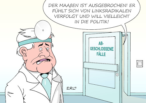 Cartoon: Maaßen (medium) by Erl tagged politik,verfassungsschutz,chef,hans,georg,maassen,interview,chemnitz,rechtsextremismus,hetzjagden,relativierung,rechtspopulismus,afd,nähe,zweifel,aussage,bundeskanzlerin,angela,merkel,cdu,unterstützung,innenminister,horst,seehofer,csu,spd,andrea,nahles,bedingung,koalition,entlassung,beförderung,staatssekretär,innenministerium,kehrtwende,posten,berater,nachtreten,rede,ruhestand,tollhaus,irrenhaus,psychiatrie,karikatur,erl,politik,verfassungsschutz,chef,hans,georg,maassen,interview,chemnitz,rechtsextremismus,hetzjagden,relativierung,rechtspopulismus,afd,nähe,zweifel,aussage,bundeskanzlerin,angela,merkel,cdu,unterstützung,innenminister,horst,seehofer,csu,spd,andrea,nahles,bedingung,koalition,entlassung,beförderung,staatssekretär,innenministerium,kehrtwende,posten,berater,nachtreten,rede,ruhestand,tollhaus,irrenhaus,psychiatrie,karikatur,erl