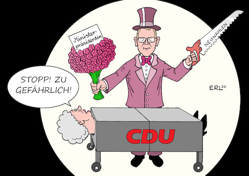 Cartoon: Magic Bodo II (medium) by Erl tagged politik,thüringen,wahl,ministerpräsident,kemmerich,fdp,stimmen,afd,rücktritt,vorschlag,bodo,ramelow,die,linke,cdu,ministerpräsidentin,christine,lieberknecht,übergang,neuwahlen,gefahr,halbierung,zauberer,magie,kunststück,zersägte,jungfrau,ablehnung,nein,karikatur,erl,politik,thüringen,wahl,ministerpräsident,kemmerich,fdp,stimmen,afd,rücktritt,vorschlag,bodo,ramelow,die,linke,cdu,ministerpräsidentin,christine,lieberknecht,übergang,neuwahlen,gefahr,halbierung,zauberer,magie,kunststück,zersägte,jungfrau,ablehnung,nein,karikatur,erl