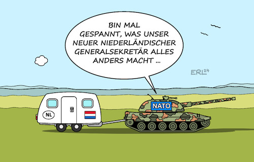 Cartoon: Mark Rutte (medium) by Erl tagged politik,militär,bündnis,nato,neu,generalsekretär,mark,rutte,niederlande,wohnwagen,panzer,karikatur,erl,politik,militär,bündnis,nato,neu,generalsekretär,mark,rutte,niederlande,wohnwagen,panzer,karikatur,erl