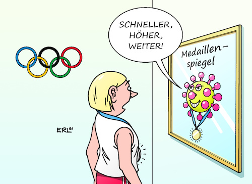 Cartoon: Medaillenspiegel (medium) by Erl tagged politik,sport,olympia,olympische,spiele,sommerspiele,tokio,2020,2021,corona,virus,pandemie,covid19,hygiene,konzept,anstieg,fallzahlen,sportlerinnen,sportler,angst,ansteckung,hotspot,ringe,medaillen,medaillenspiegel,schneller,höher,weiter,karikatur,erl,politik,sport,olympia,olympische,spiele,sommerspiele,tokio,2020,2021,corona,virus,pandemie,covid19,hygiene,konzept,anstieg,fallzahlen,sportlerinnen,sportler,angst,ansteckung,hotspot,ringe,medaillen,medaillenspiegel,schneller,höher,weiter,karikatur,erl