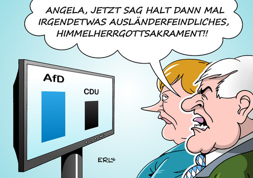 Cartoon: Merkel bleibt stur (medium) by Erl tagged wahl,landtagswahl,mecklenburg,vorpommern,sieg,spd,stimmengewinne,afd,rechtspopulismus,verluste,cdu,flüchtlingspolitik,bundeskanzlerin,angela,merkel,flüchtlinge,grenzöffnung,kritik,schuldzuweisung,schwesterpartei,csu,seehofer,forderung,obergrenze,fremdenfeindlichkeit,ausländerfeindlichkeit,fernsehen,karikatur,erl,wahl,landtagswahl,mecklenburg,vorpommern,sieg,spd,stimmengewinne,afd,rechtspopulismus,verluste,cdu,flüchtlingspolitik,bundeskanzlerin,angela,merkel,flüchtlinge,grenzöffnung,kritik,schuldzuweisung,schwesterpartei,csu,seehofer,forderung,obergrenze,fremdenfeindlichkeit,ausländerfeindlichkeit,fernsehen,karikatur,erl