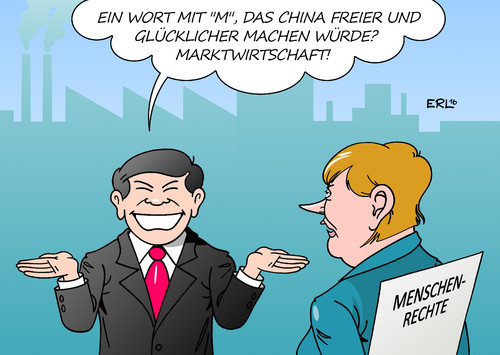 Cartoon: Merkel China (medium) by Erl tagged bundeskanzlerin,angela,merkel,besuch,china,marktwirtschaft,menschenrechte,handel,geld,einkauf,know,how,kopieren,import,export,anerkennung,karikatur,erl,bundeskanzlerin,angela,merkel,besuch,china,marktwirtschaft,menschenrechte,handel,geld,einkauf,know,how,kopieren,import,export,anerkennung,karikatur,erl