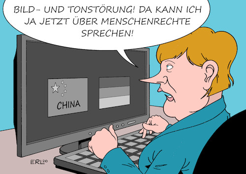 Cartoon: Merkel China (medium) by Erl tagged politik,corona,virus,pandemie,folgen,wirtschaft,gespräch,videokonferenz,bundeskanzlerin,angela,merkel,deutschland,ministerpräsident,li,keqiang,china,menschenrechte,karikatur,erl,politik,corona,virus,pandemie,folgen,wirtschaft,gespräch,videokonferenz,bundeskanzlerin,angela,merkel,deutschland,ministerpräsident,li,keqiang,china,menschenrechte,karikatur,erl