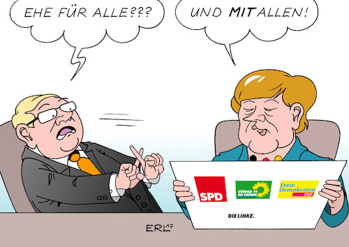 Cartoon: Merkel für alle (medium) by Erl tagged ehe,für,alle,homoehe,gleichgeschlechtlich,paar,homosexualität,heiraten,rechte,pflichten,mehrheit,spd,bündnis,90,die,grünen,fdp,linke,bundeskanzlerin,angela,merkel,position,wende,koalition,möglichkeit,bundestagswahl,machterhalt,regierungsfähigkeit,ehe,für,alle