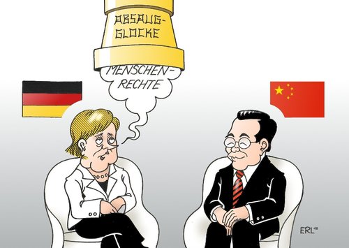 Cartoon: Merkel in China (medium) by Erl tagged angela,merkel,bundeskanzlerin,deutschland,besuch,china,wen,jiabao,menschenrechte,absaugglocke,ölpest,bp,angela merkel,bundeskanzlerin,deutschland,china,wen,jiabao,menschenrechte,absaugglocke,ölpest,bp,angela,merkel