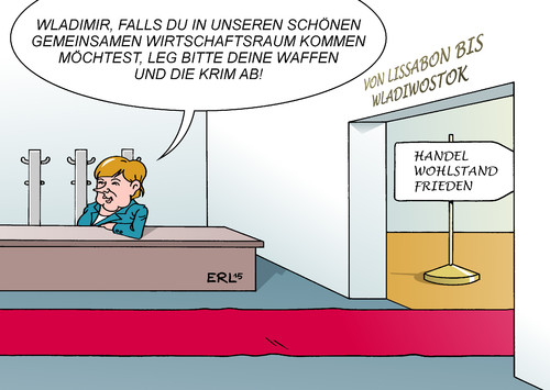 Cartoon: Merkel Putin (medium) by Erl tagged ukraine,krise,krieg,russland,eu,merkel,vorschlag,wirtschaft,handel,wirtschaftsraum,gemeinsam,lissabon,wladiwostok,köder,waffenstillstand,krim,karikatur,erl,ukraine,krise,krieg,russland,eu,merkel,vorschlag,wirtschaft,handel,wirtschaftsraum,gemeinsam,lissabon,wladiwostok,köder,waffenstillstand,krim