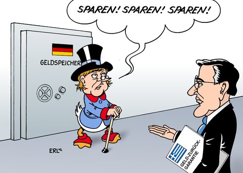 Cartoon: Merkel Samaras (medium) by Erl tagged haushalt,deutschland,dagobert,onkel,merkel,angela,bundeskanzlerin,milliarden,überschuss,griechenland,ministerpräsident,samaras,antonis,besuch,duck,hilfe,rettungsschirm,staatspleite,pleite,schulden,krise,zurück,geld,euro,sparkurs,sparauflagen,sparen,garantie,deutschland,haushalt,überschuss,milliarden,bundeskanzlerin,angela,merkel,onkel,dagobert,duck,besuch,antonis,samaras,ministerpräsident,griechenland,krise,schulden,pleite,staatspleite,rettungsschirm,hilfe,sparen,sparauflagen,sparkurs,euro,geld,zurück,garantie