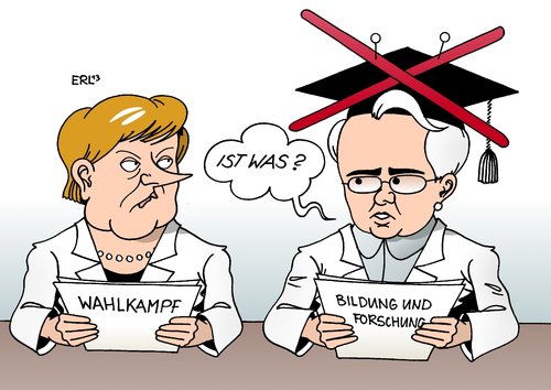 Cartoon: Merkel Schavan (medium) by Erl tagged störung,merkel,wahlkampf,doktorhut,rücktritt,klage,aberkennung,düsseldorf,universität,uni,plagiat,doktorarbeit,doktortitel,doktor,schavan,annette,bildungsministerin,bundesbildungsministerin,bundesbildungsministerin,bildungsministerin,annette,schavan,doktor,doktortitel,doktorarbeit,plagiat,uni,universität,düsseldorf,aberkennung,klage,rücktritt,doktorhut,wahlkampf,merkel,störung