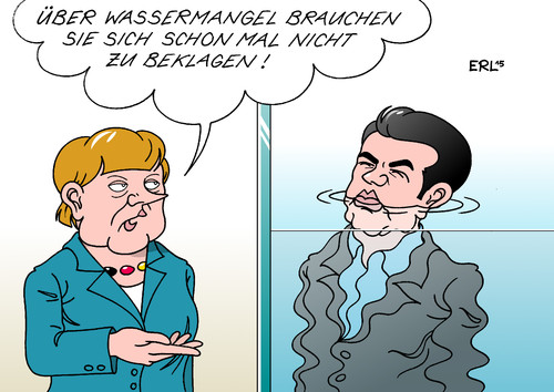 Cartoon: Merkel sieht das Positive (medium) by Erl tagged deutschland,bundeskanzlerin,angela,merkel,besuch,ministerpräsident,alexis,tsipras,griechenland,krise,schulden,euro,eu,ezb,iwf,troika,sparkurs,reformen,hilde,kredit,pleite,wasser,hals,weltwassertag,wassermangel,syriza,positiv,deutschland,bundeskanzlerin,angela,merkel,besuch,ministerpräsident,alexis,tsipras,griechenland,krise,schulden,euro,eu,ezb,iwf,troika,sparkurs,reformen,hilde,kredit,pleite,wasser,hals,weltwassertag,wassermangel,syriza,positiv
